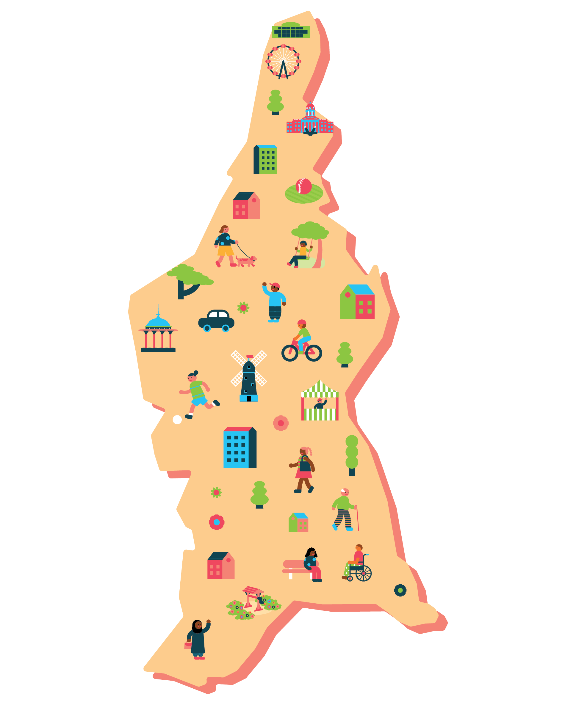 Illustrative map of the borough with landmark icons and people.