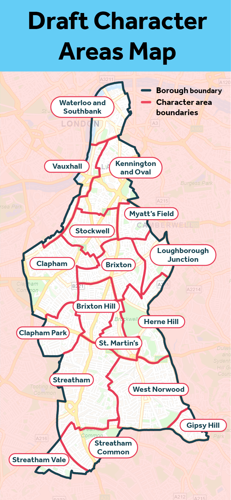 Map titled “Draft Character Areas Map” showing Lambeth's draft character areas. The borough is outlined in red and divided into multiple labelled character areas stretching north to south. Neighbouring boroughs are shown in a light pink background. The map includes area labels connected by leader lines and is intended to illustrate the distribution and location of Lambeth's different character areas.