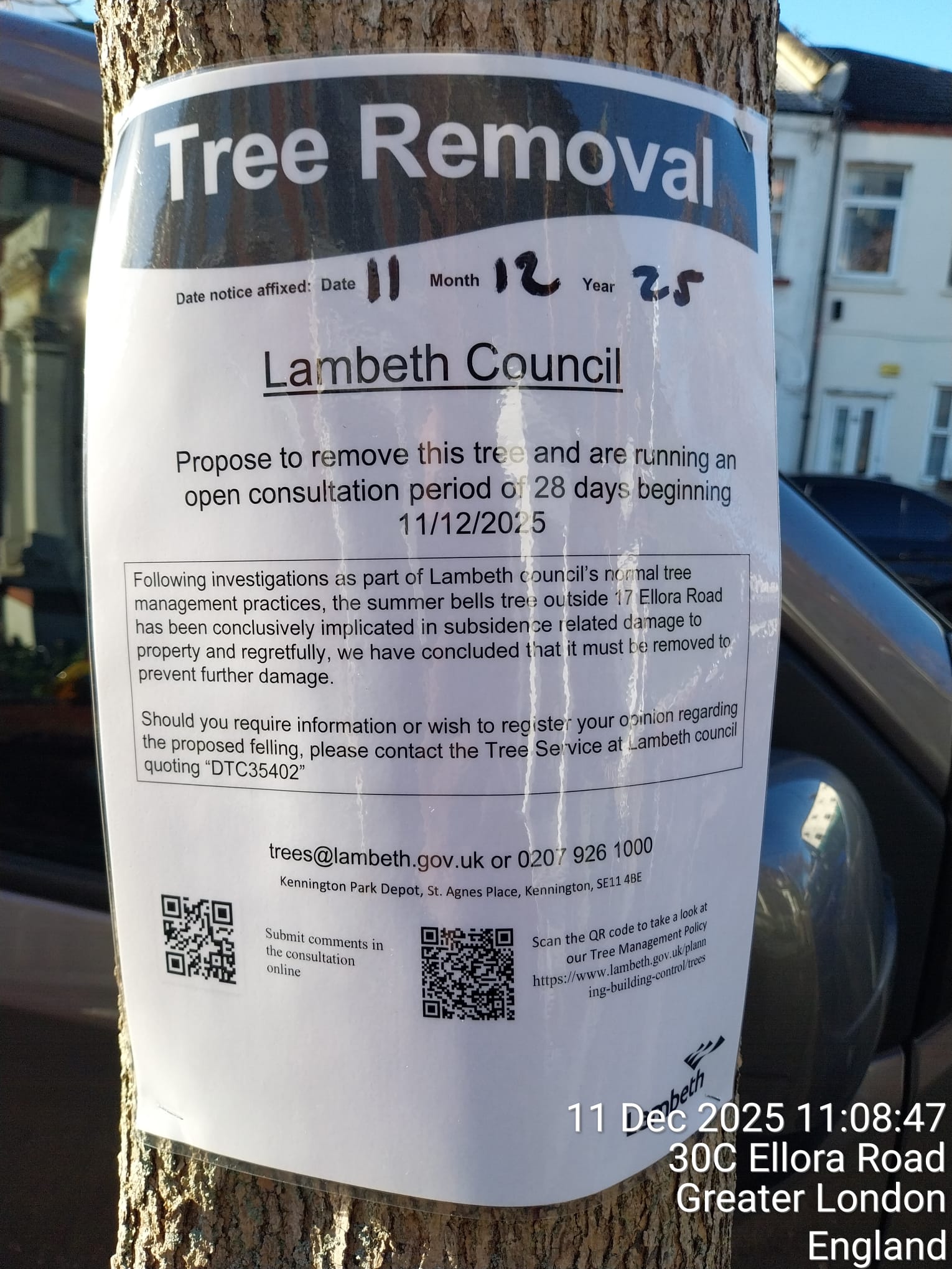 Project: Ellora Road Street Tree Removal | London Borough of Lambeth
