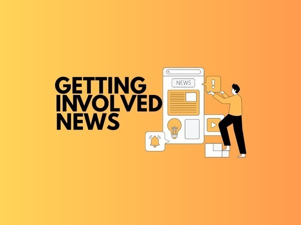 Illustration of a person interacting with a large smartphone news interface, alongside the text “GETTING INVOLVED NEWS” on an orange gradient background.