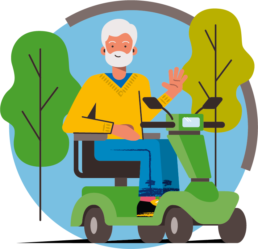 An illustration of an older man using a mobility scooter