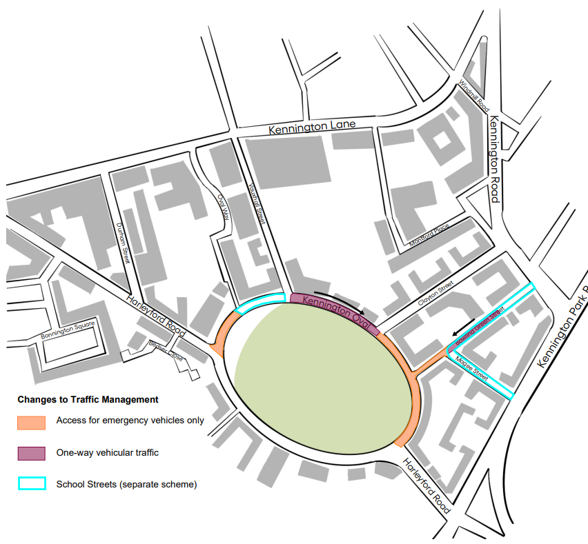 This image shows where motor vehicles are permitted to drive within the Kennington Oval Reimagined area.