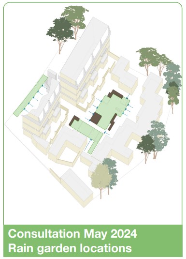 The areas highlighted in green were proposed as locations for rain gardens at the May drop-in