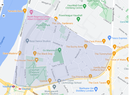Map of Vauxhall Pleasure Gardens area