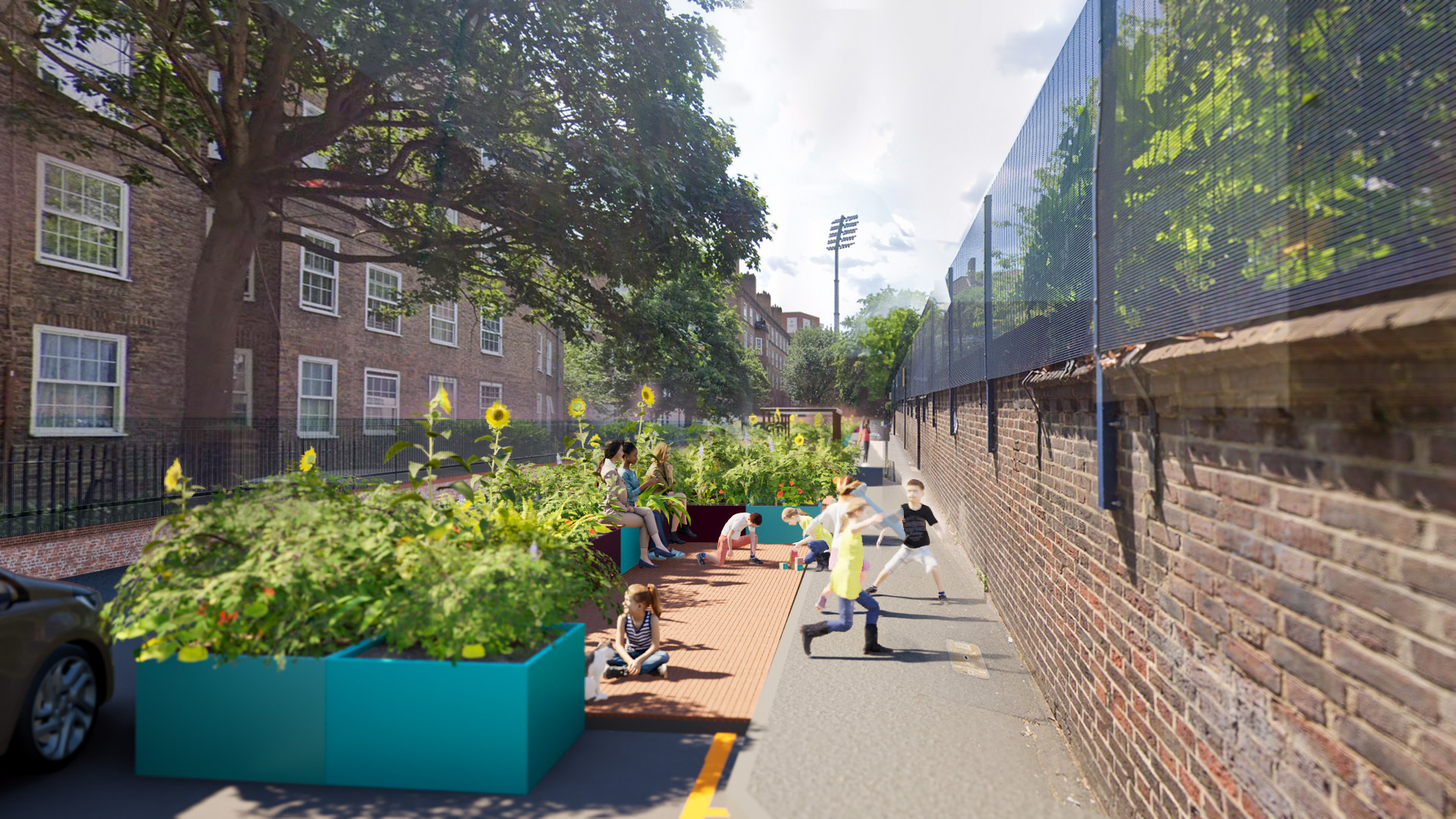 Visual of the scheme on Bowling Green Street outside Henry Fawcett Primary School - this artist’s impression is for illustrative purposes only